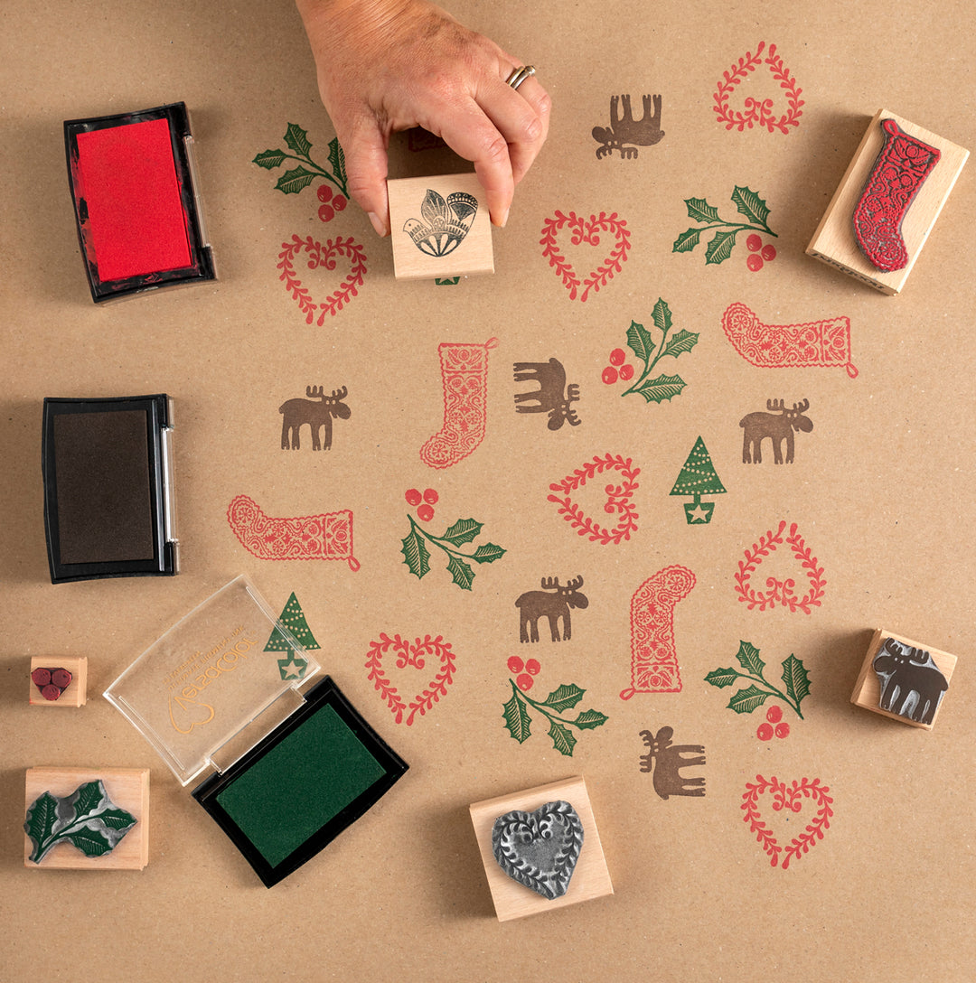 Small Christmas Rubber Stamps, Moose Stamp, Simple Tree Stamp, Holly and Berries Stamp and Heart Stamp - Noolibird