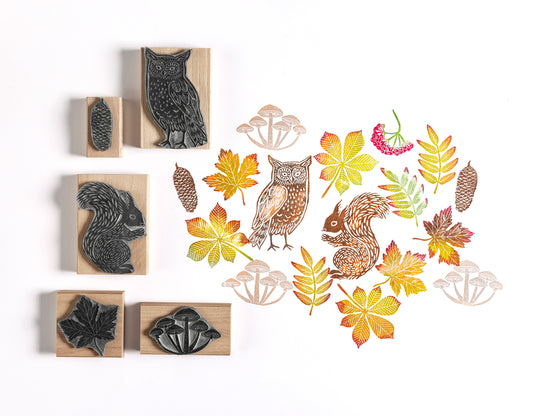 Owl and Squirrel Stamps with Autumn Leaves and Berries - Noolibird