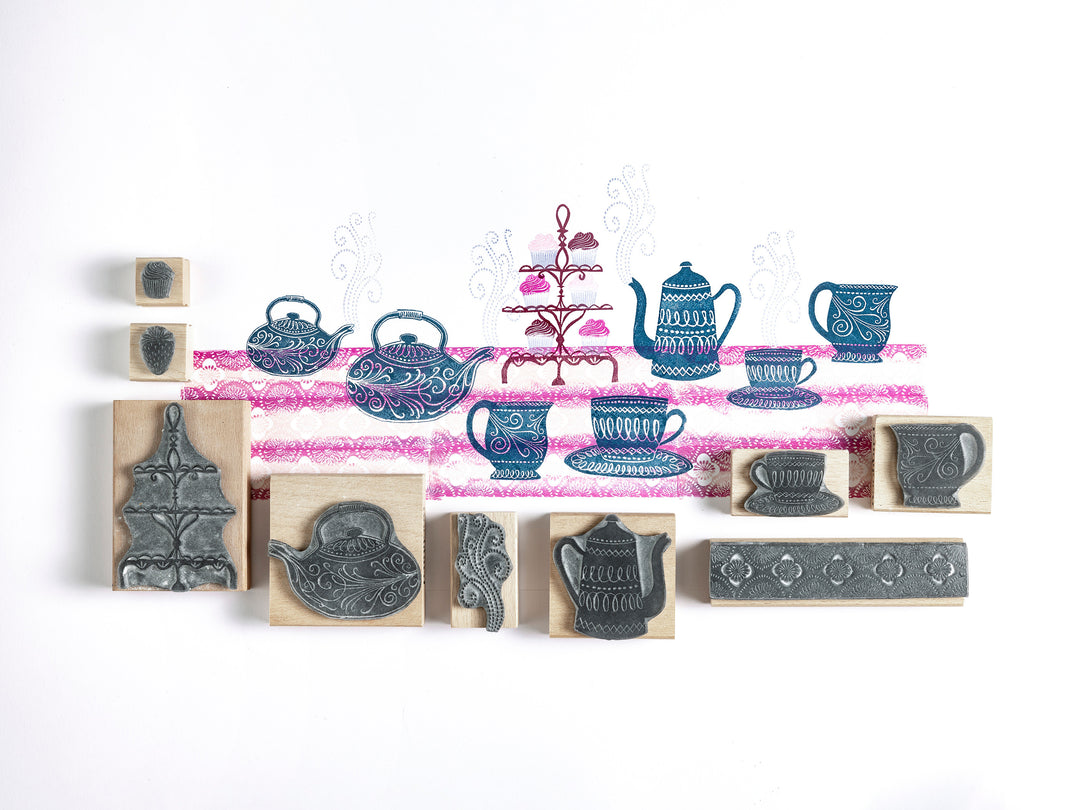 Tea Cup Rubber Stamp, Time for Tea Tea Set Rubber Stamps - Noolibird