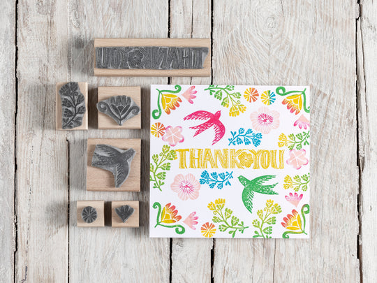 Thank You  Rubber Stamp with Birds and Flowers - Noolibird