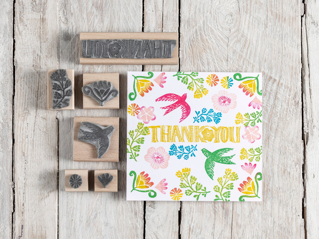Flowers, Birds and Thank You Text Rubber Stamps - Noolibird