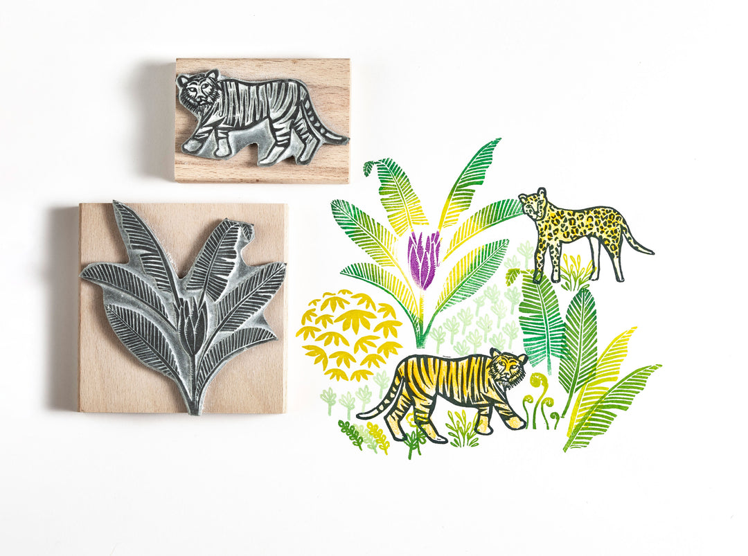 Tiger and Leopard Rubber Stamps with Jungle Leaves - Noolibird
