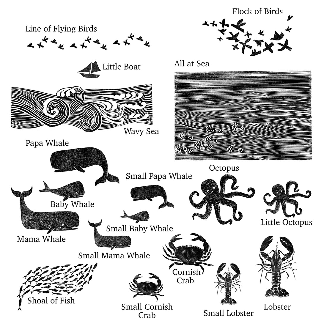 Sea Rubber Stamp, Waves and Sea Stamps for card making, Whale stamper - Noolibird